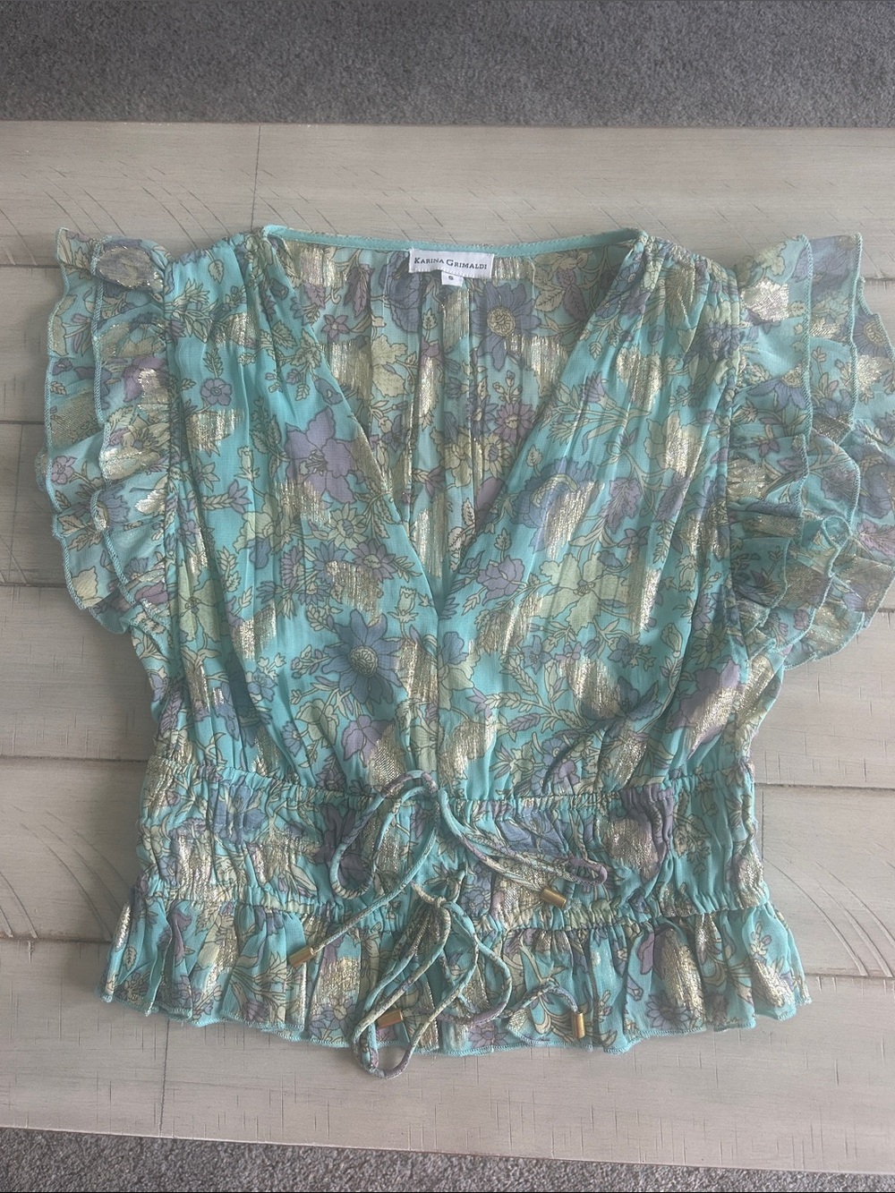 Karina Grimaldi Aqua Floral Metallic Tie-Front Ruffle Blouse. Size S